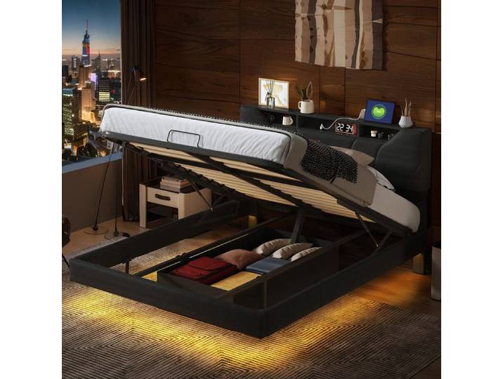 Lit 140 x 200 avec sommier et rangement lit coffre Lit double rembourré avec LED et USB cadre de lit avec sommier noir