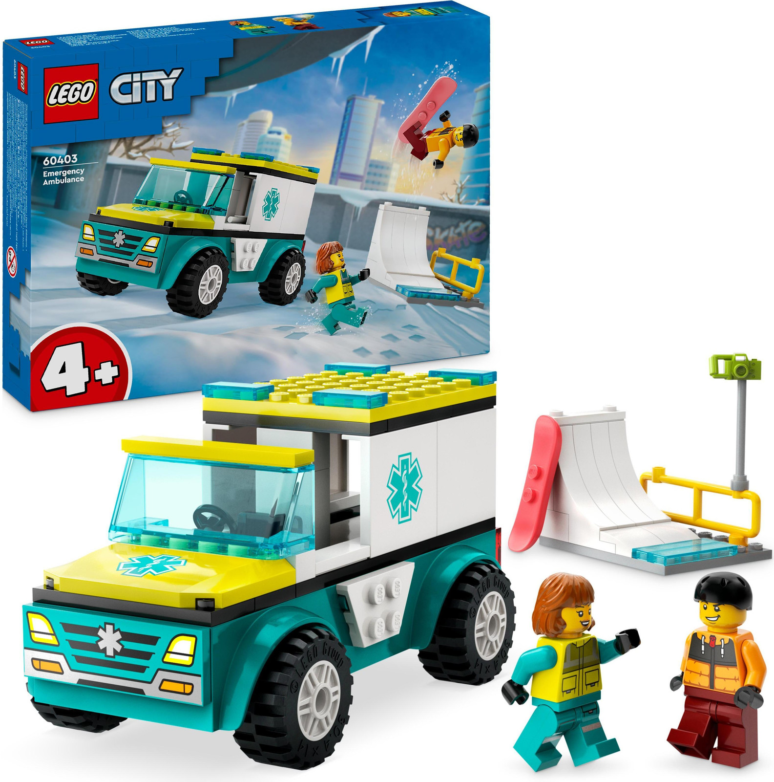 LEGO City Reddingswagen en snowboarder ambulance-speelset met speelgoedauto en 2 minifiguren, 60403