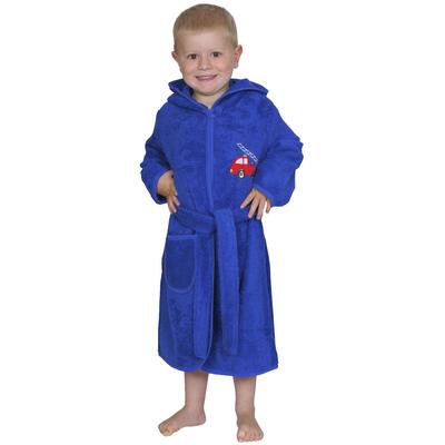 Kinderbademantel WÖRNER "Feuerwehr royalblau" Gr. 98, blau (royalblau), L:65cm, Frottier, Hausmäntel, mit Stickerei, mit Tasche, maschinenwaschbar