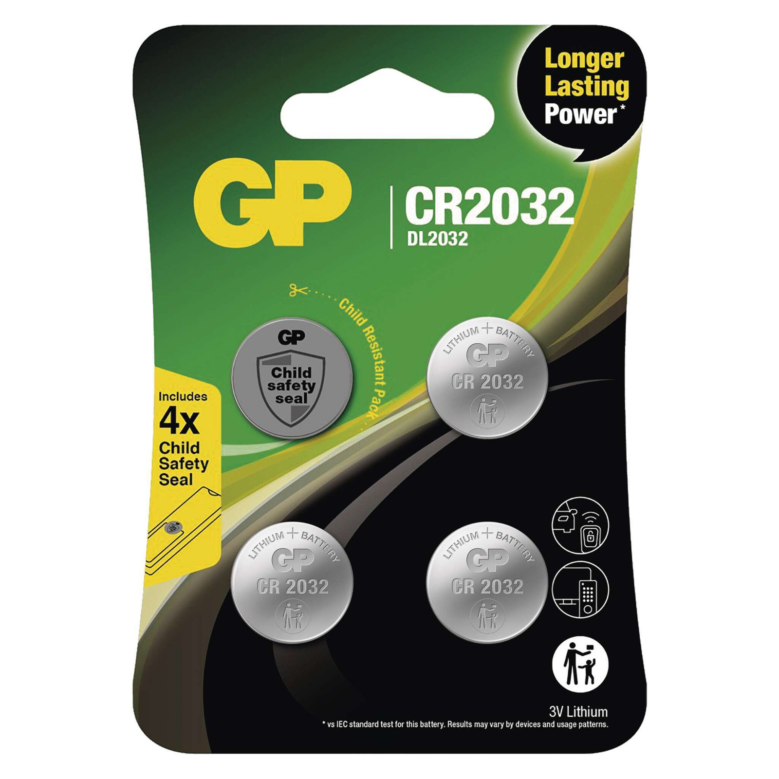 GP Lithium-knoopcelbatterij CR2032, 4 stuks met veiligheidsstickers