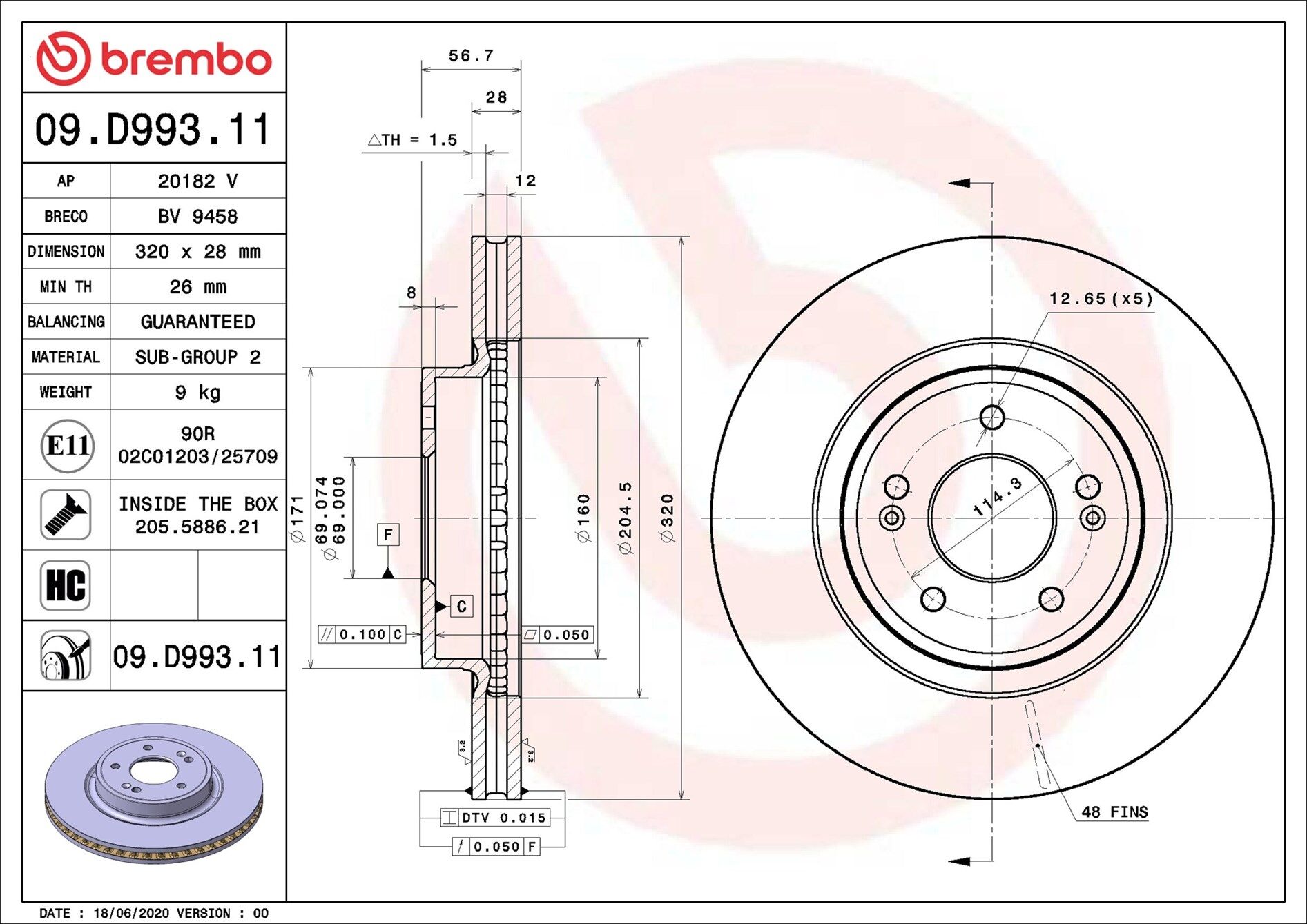 Brembo Bremsscheibe 09.D993.11 320mm 28mm Für Genesis