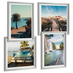 BILDER SET 4er Set - 50x50 cm & 40x60 cm Silberner Rahmen - Urlaub Palmen Wasserfall