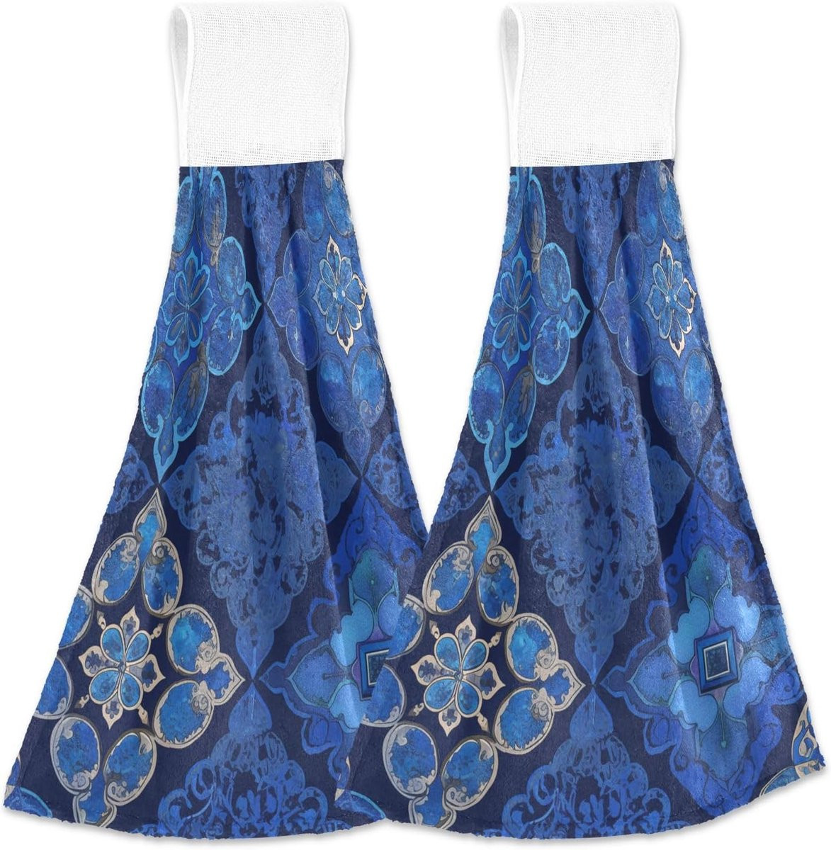 Set van 2 donkerblauwe Bloem washandjes met ophanglus voor keuken en badkamer