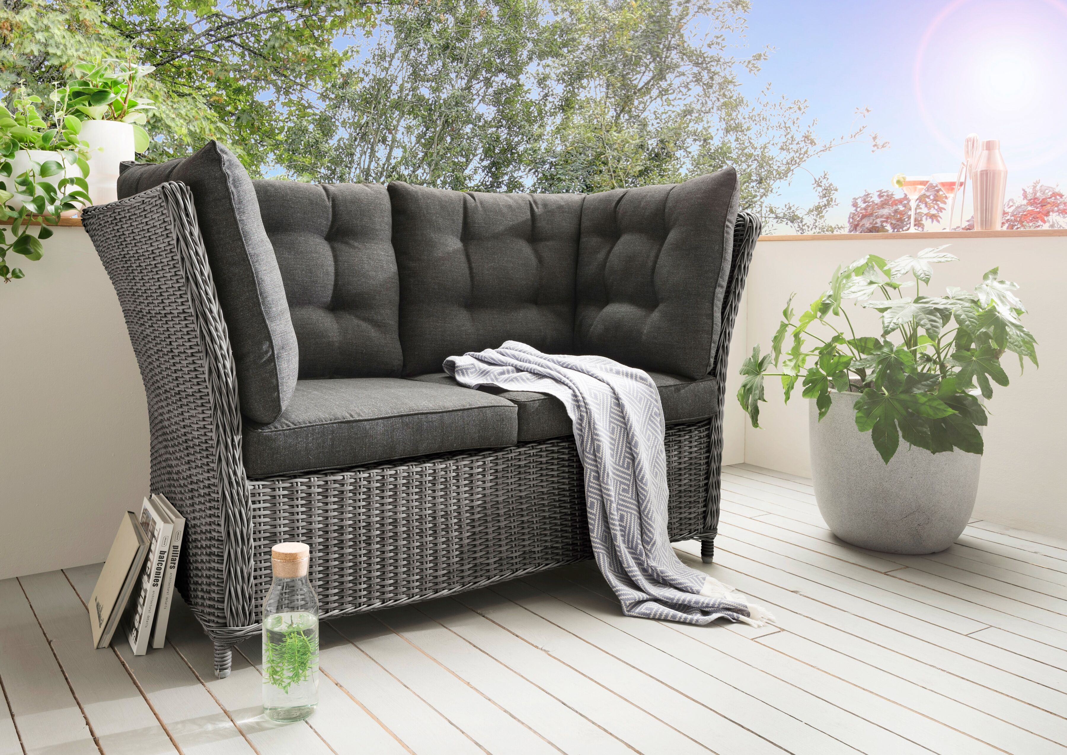Gartenlounge-Bank DESTINY "PALMA", grau (vintage grau), B:152cm H:83cm T:78cm, Polyrattan, Sitzbänke, Gartenlounge-Bank, Aluminium, Polyrattan, 2´er Bank, inkl. Auflagen