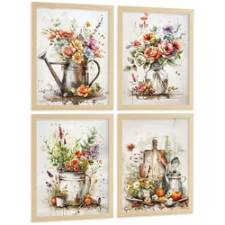 POSTER 4er Set Blumen Küchen-Wandbilder Gießkanne Vase Utensilien Botanisches Aquarell Wohnzimmer Deko Rahmenlos A4