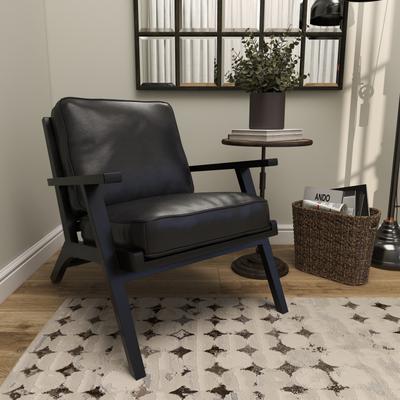 Studio 350 Black Leather Mid-Century Accent Chair with Teak Wood Frame