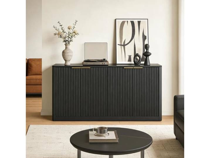 Buffet 150x40x70 5cm - Design Moderne Ondulé avec 4 Portes et Plateau Aspect Bois Chêne - Noir & Naturel