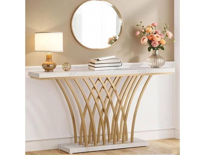 Table Console - 150 x 29 5 x 80 cm - avec Pied en métal - pour entrée Couloir entrée Salon (Blanc)