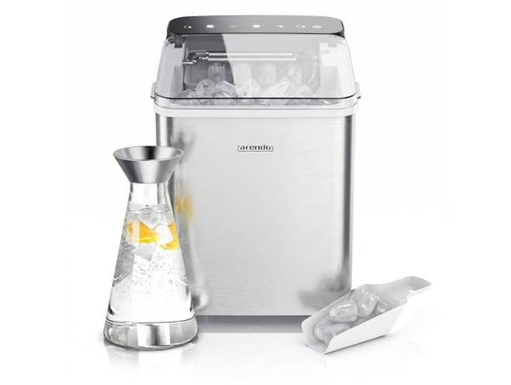 Arendo – Eiswürfelmaschine Edelstahl – Ice Cube Maker – 150 W – 12 kg Eis pro Tag – Automatische Abschaltfunktion – Warnfunktion – kleine Eiswürfel oder große Eiswürfel – leiser Betrieb