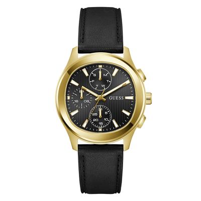 Multifunktionsuhr GUESS "PALMER", gold (schwarz, goldfarben), Armbanduhren, Herren, Quarzuhr, Armbanduhr, Herrenuhr, Lederarmband, analog, Wochentag, Tag