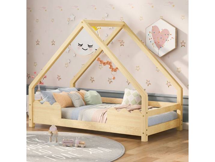 Lit Cabane Enfant - MERAX - 90x200 cm - Bois Massif Naturel - Barrières Ondulées - Montessori