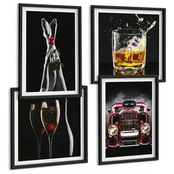 BILDER SET 4er Set - 50x50 cm & 40x60 cm Schwarzer Rahmen - Frauenbeine Rosenwagen Wein