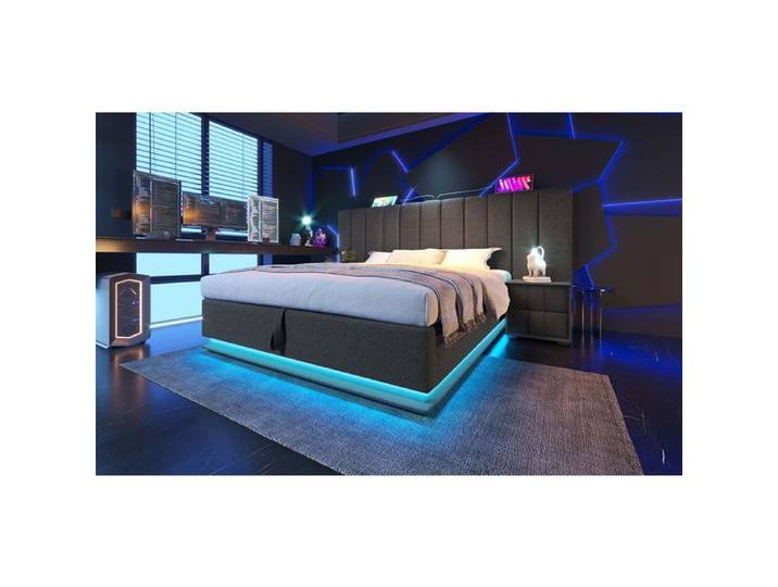 Lit rembourré 180x200 coffre LED et USB-C gris