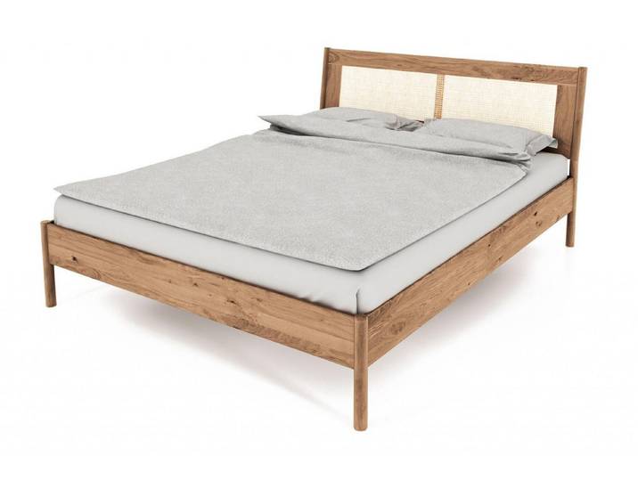 Natur24 Bett Zola Bett Wildeiche massiv bianco 200x200 mit Rattankopfteil