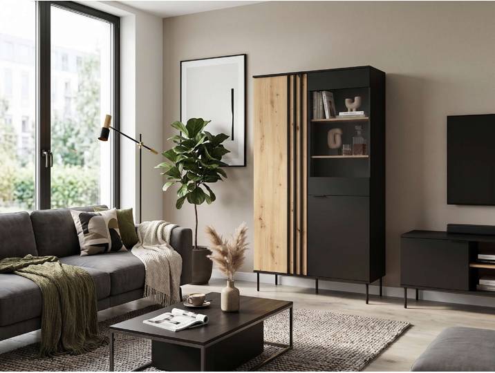 Vitrine GOODPRODUCT AELLOR Vitrineschrank mit/ohne Beleuchtung, verglast, viel Stauraum , schwarz, artisan eiche, B:110cm H:195cm T:40cm, FSC-zertifizierter Holzwerkstoff, Glas, MDF, Schränke, Vitrine, Standvitrine/Glasvitrine mit 2 Türen, 8 Einlegeböden, matt Hochschrank