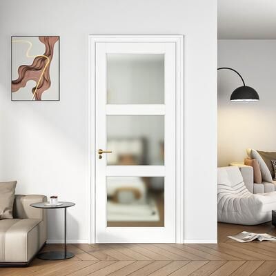 Lirago 3-Lite French Interior Tempered Frosted Glass Door Slab for Pantry Doors Pocket Doors Solid Core Interior Door w/o Frame