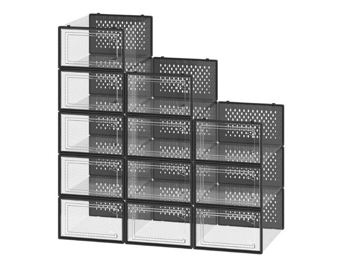 JOYFURNOS Lot de 12 Boîtes de Rangement Empilables pour Baskets, Organiseurs de Chaussures en Plastique Transparent pour Armoire, Noir et Transparent