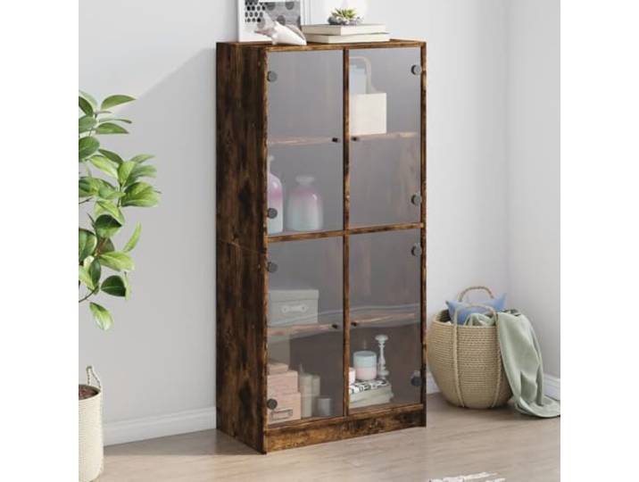 RJPLMFV Anrichte hoch, 68 x 37 x 142 cm, Holz, Technik, Rauchgrau Staubschutztüren, schwarze Griffe, Wandbefestigung inklusive, Aufbewahrungsregale