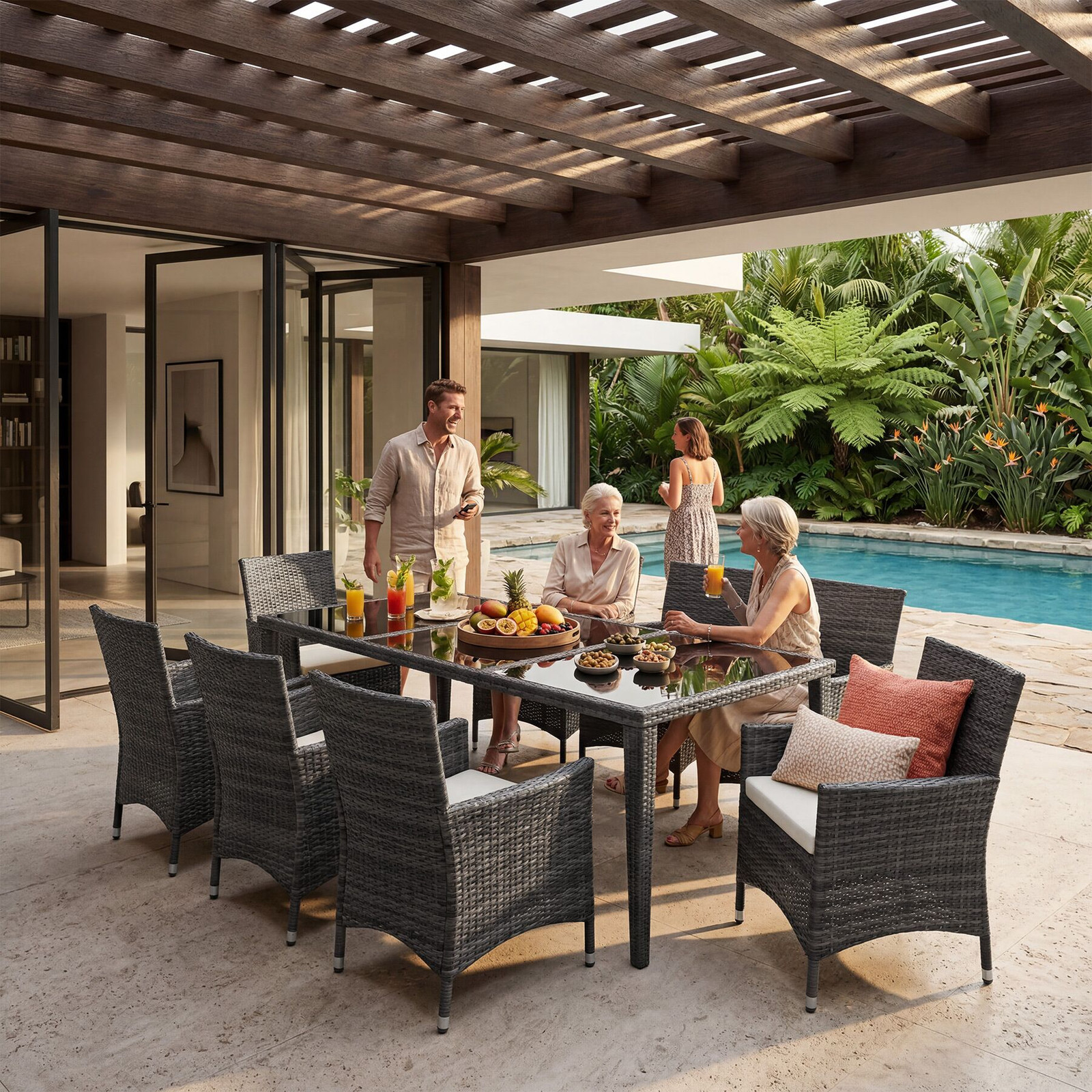 TecTake Menorca aluminium wicker zitgroep 8+1 met beschermhoes, grijs