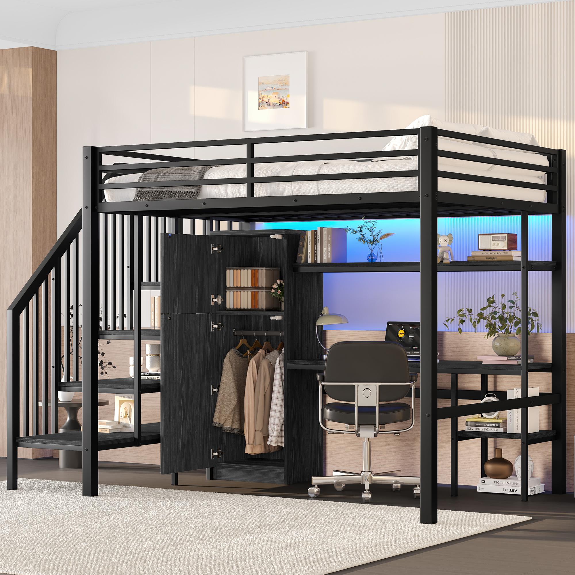 Merax Etagenbett Hochbett 140x200, mit Schreibtisch, Regal, Kleiderschrank, Stauraumtreppe, Eisenbett, Stockbett, Jugendbett, Einzelbett, Schwarz