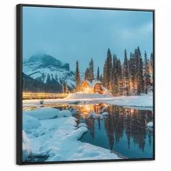 LEINWAND Bilder mit Rahmen - Winterlandschaft - Natur - Haus - Berge - Schnee - 90x90