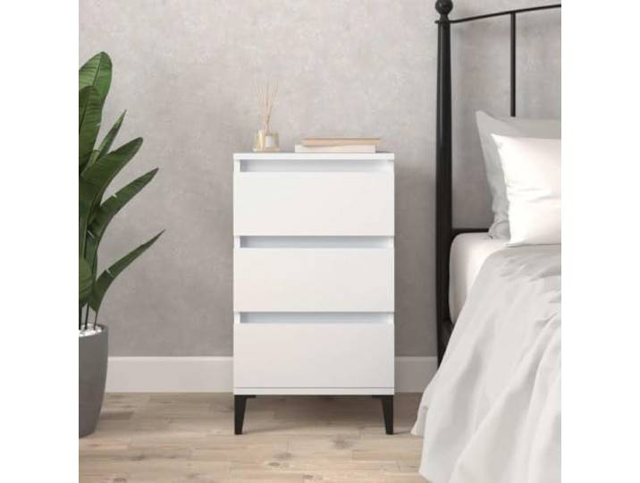 HEFZGDB Nachttisch Weiß 40x35x70 cm Holzwerkstoff mit 3 Schubladen und Metallfüßen, Industriestil Beistelltisch für Wohnzimmer oder Büro, Stauraum Möbel