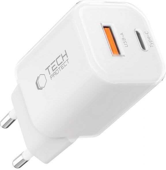 Tech-Protect 33W Vægoplader - 1x USB-A / 1x USB-C - Hvid