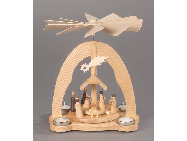 Weihnachtspyramide ALBIN PREISSLER Tischpyramide - Christi Geburt, Handwerkskunst aus dem Erzgebirge , beige (natur), B:25cm H:28cm T:18cm, Massivholz, Weihnachtspyramiden, Weihnachtspyramide, 3 Etagen, Weihnachtsdeko aus Holz