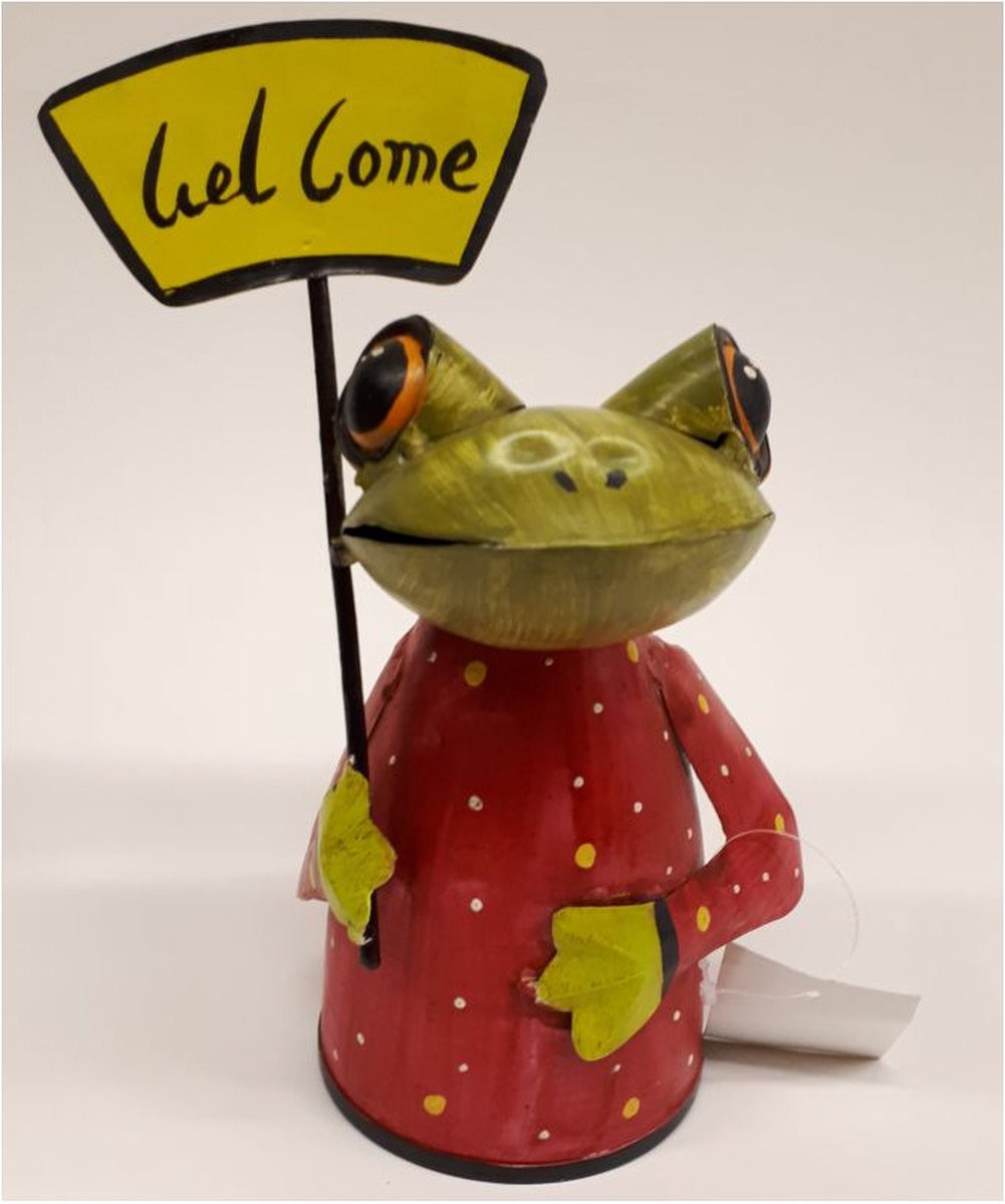 Fairtrade Welcome kikker met bord gemaakt van gerecyclede verfblikken