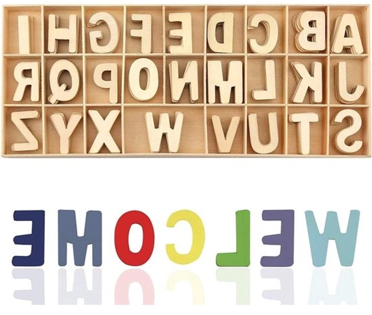 Houten letterset met opbergbak in natuurlijke houtkleur voor decoratie en kinderen