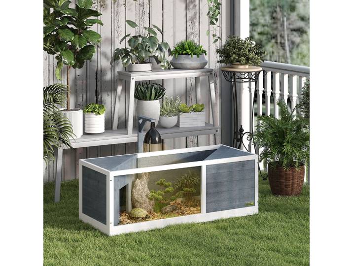 PawHut Maison pour tortues enclos avec toit ouvrant support lampe plateau fenêtre panoramique 120 x 50 x 40 cm gris
