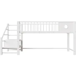 MODFU Niedriges Hochbett Metall/MDF Weiß 90x200 cm mit Stauraumleiter