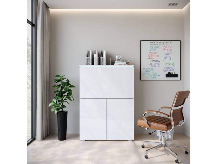 Bureau HERMINA 90 - blanc / blanc brillant + éclairage LED offert