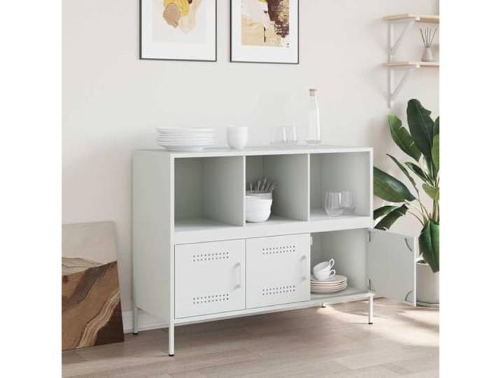 KTHLBRH Sideboard weiß 100,5 x 39 x 79 cm Stahl laminiert 6 Fächer, 3 Türen, 4 verstellbare Füße, maximale Belastung 30 kg, Industrie-Stil