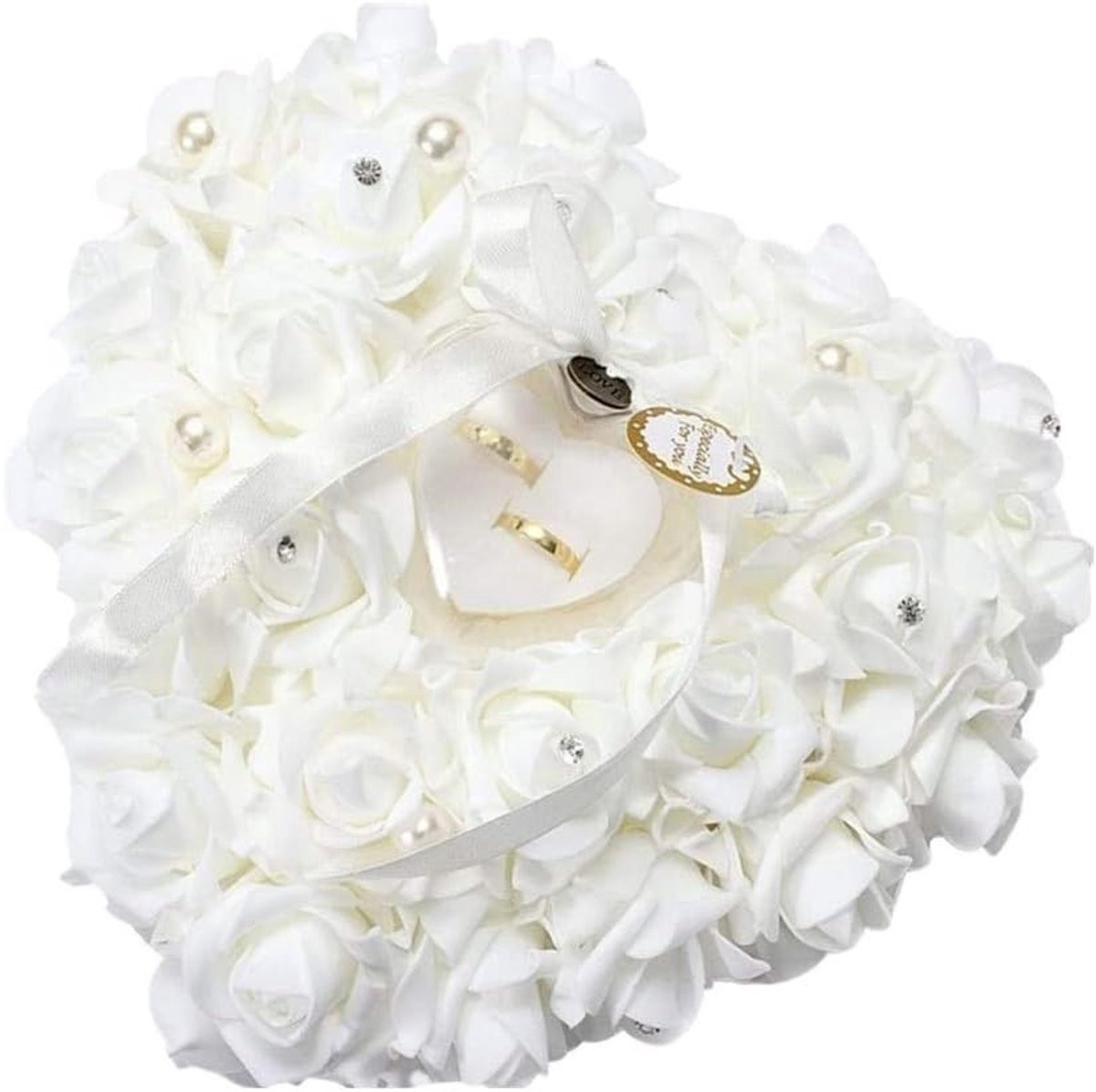 Wit Hartvormig Ringkussen voor Bruiloften, Elegante Ringhouder voor Ceremonies, 24 x 25 cm