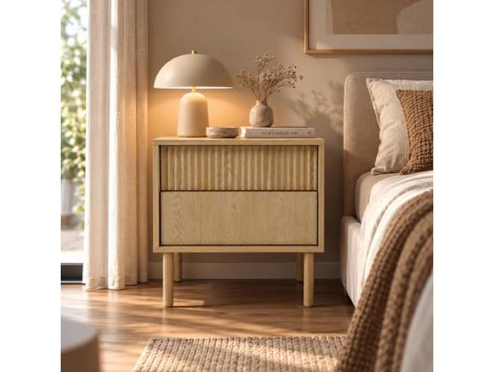 Lomadox Schlafzimmer Nachttisch in Cremona Eiche, 53 cm breit, Rillenfront, 2 Schubladen