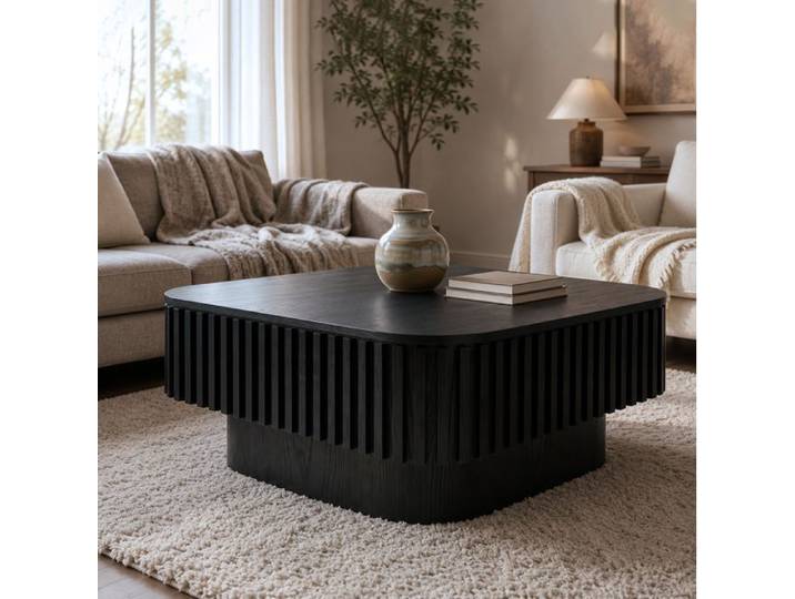 WOVREO Table basse carrée 75 x 75 cm noire à rangement dissimulé plateau amovible et décor cannelé