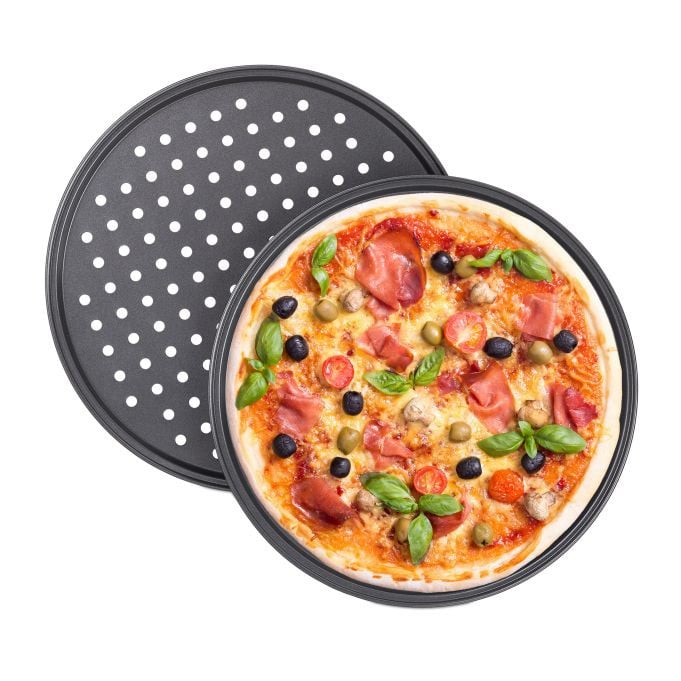 Relaxdays Set van 20 geperforeerde pizzaplaten rond, antiaanbak, grijs, ∅ 32 cm