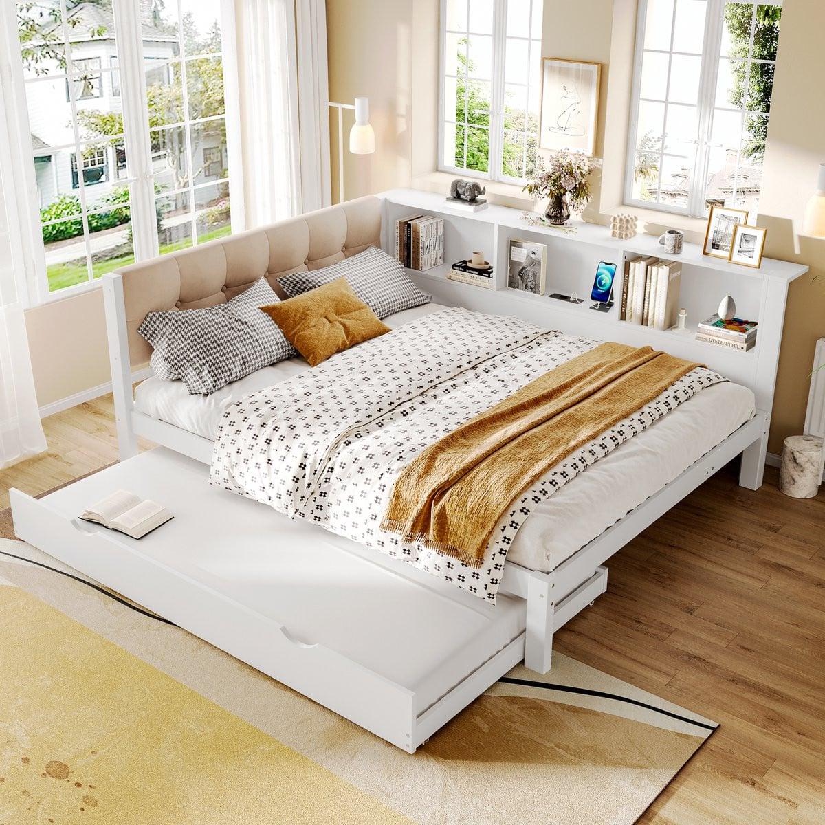 OKWISH Dagbed met uittrekbaar bed, dimbare LED-verlichting en USB-oplaadpunt, Wit, 140x200 cm