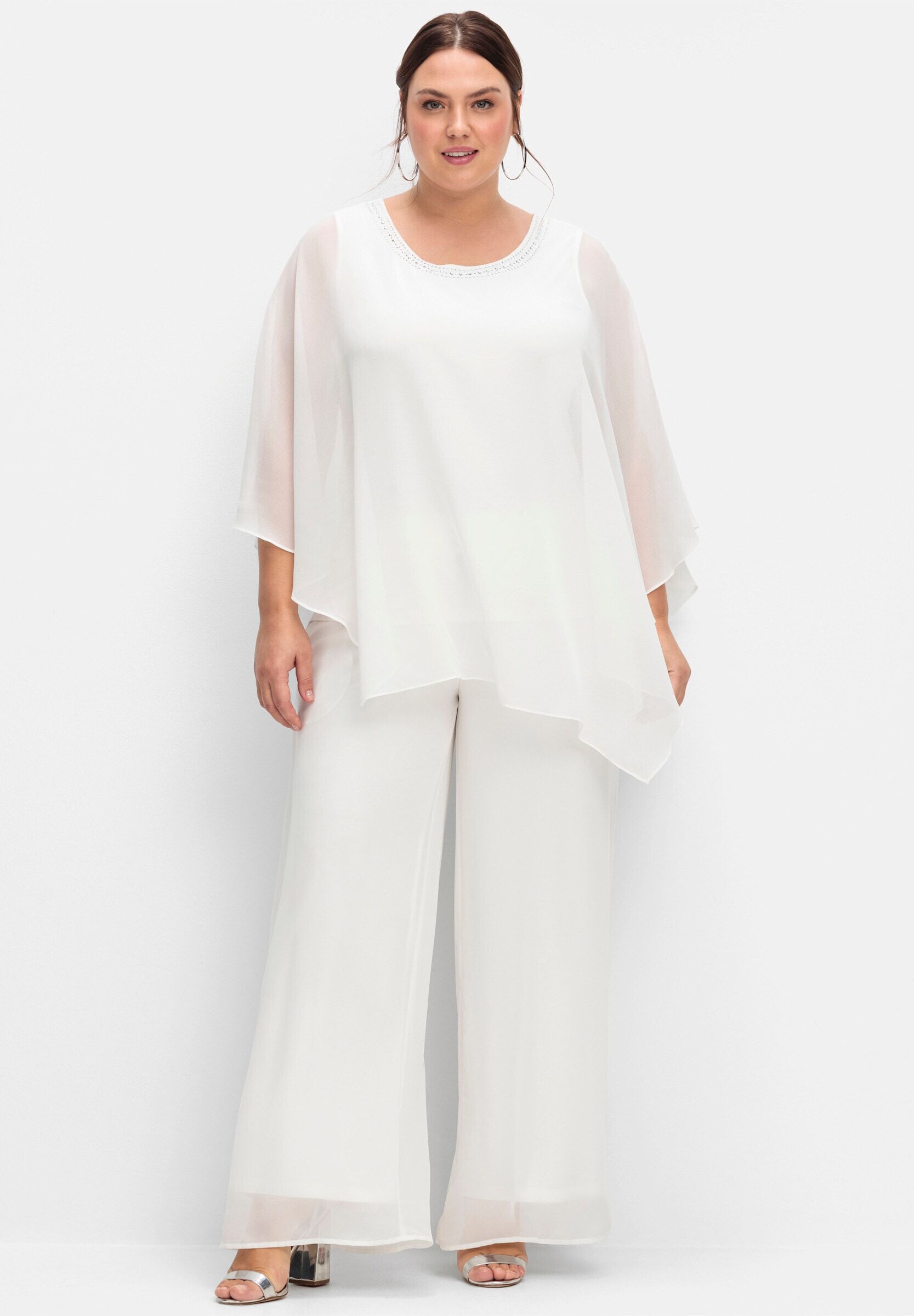 Schlupfhose SHEEGO "Schlupfhose Palazzohose aus Chiffon, im Lagenlook", Damen, Gr. 50, N-Gr, sanftes weiß, Chiffon, Jersey, , Elegant, weit, Hosen Schlupfhose, mit Chiffon im Lagenlook, gefüttert