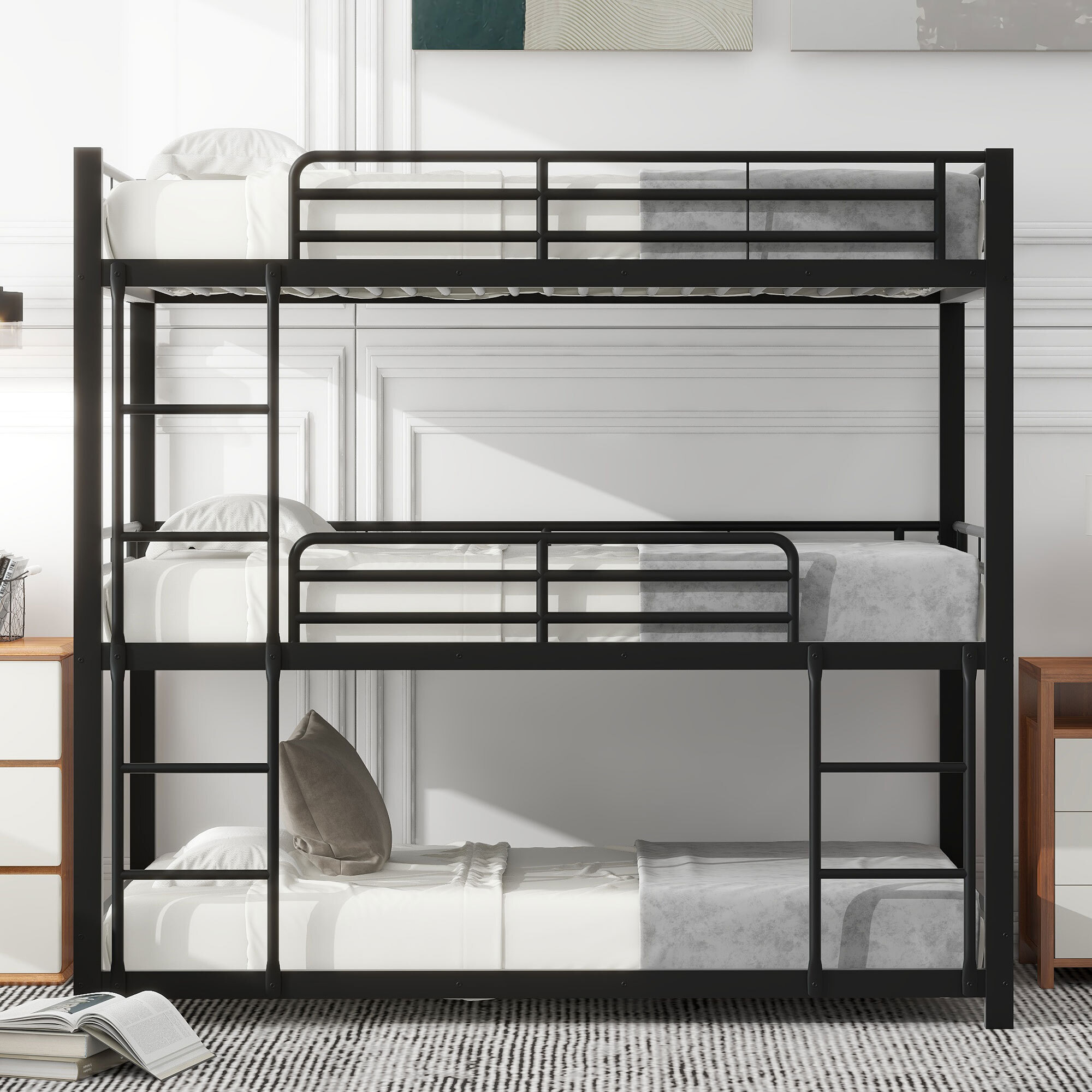 MODFU Hochbett Kinderbett 90x200cm mit Rausfallschutz, Metallbett Eisenbett Dreifach-Etagenbett für Kinder, Jugendliche und Erwachsene, Jugendbett Bettgestell, schwarz