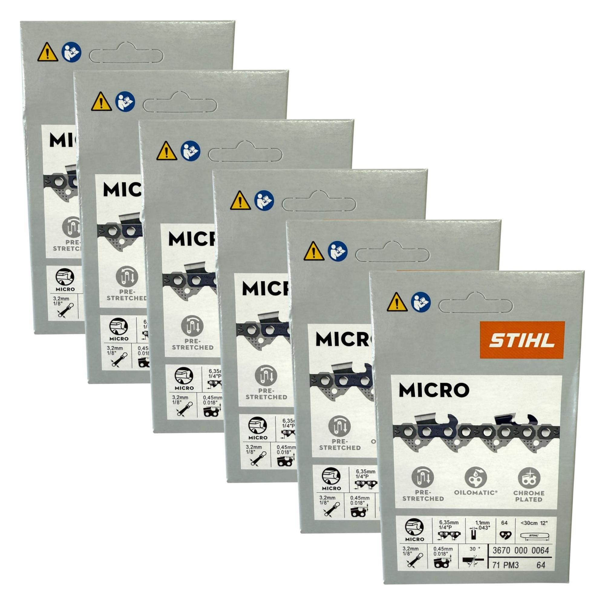 Stihl 6x 1/4" Picco Micro 3 (PM3) Sägekette 30 cm 1/4" P 1,1 mm 64 TG 6 Stück ( 6x 36700000064 ) (Kettensäge) (36700000064)