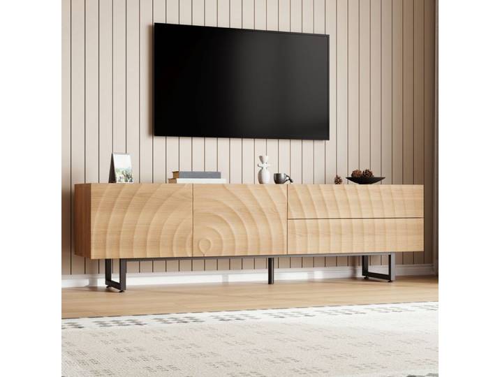 Meuble TV - SENVIRO relief ondulant rangement double tiroir 180x38x51cm naturel