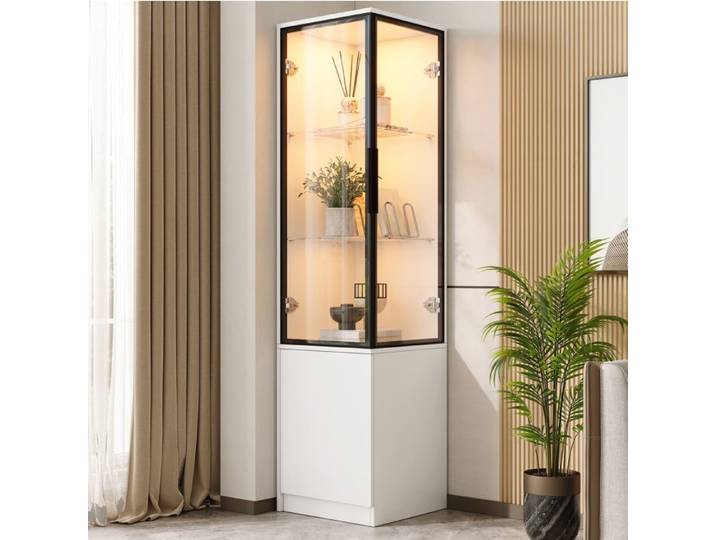 WUVRIE Vitrine d'angle blanche 40 x 40 x 160 cm verre trempé LED pilotable par application