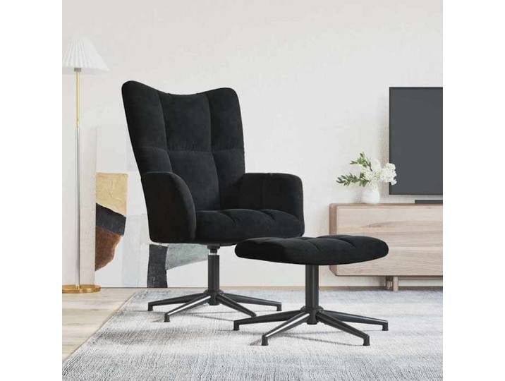 Fauteuil Salon Velours VIDAXL Chaise D'appoint Relax avec tabouret Noir Velours_7863