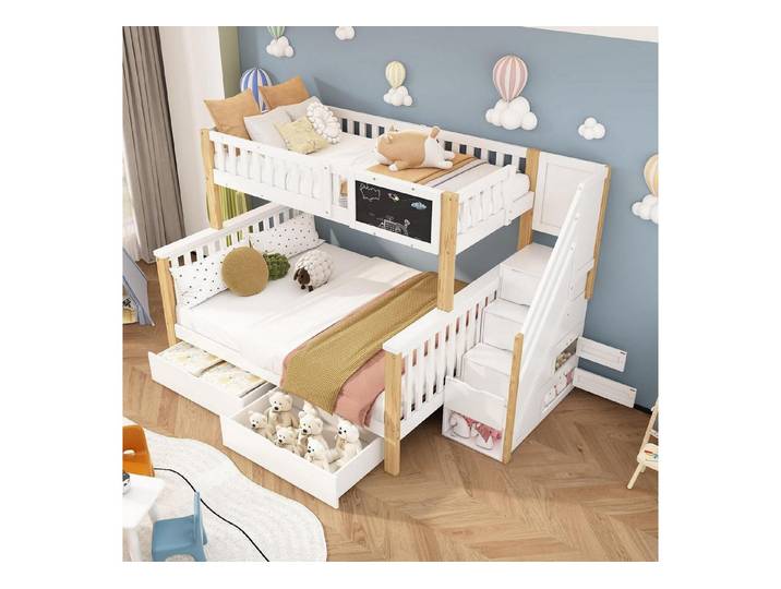 LuxusKollektion Kinderbett Etagenbett Kinderbett 90x200 & 140x200 mit Stauraum weiß+natur