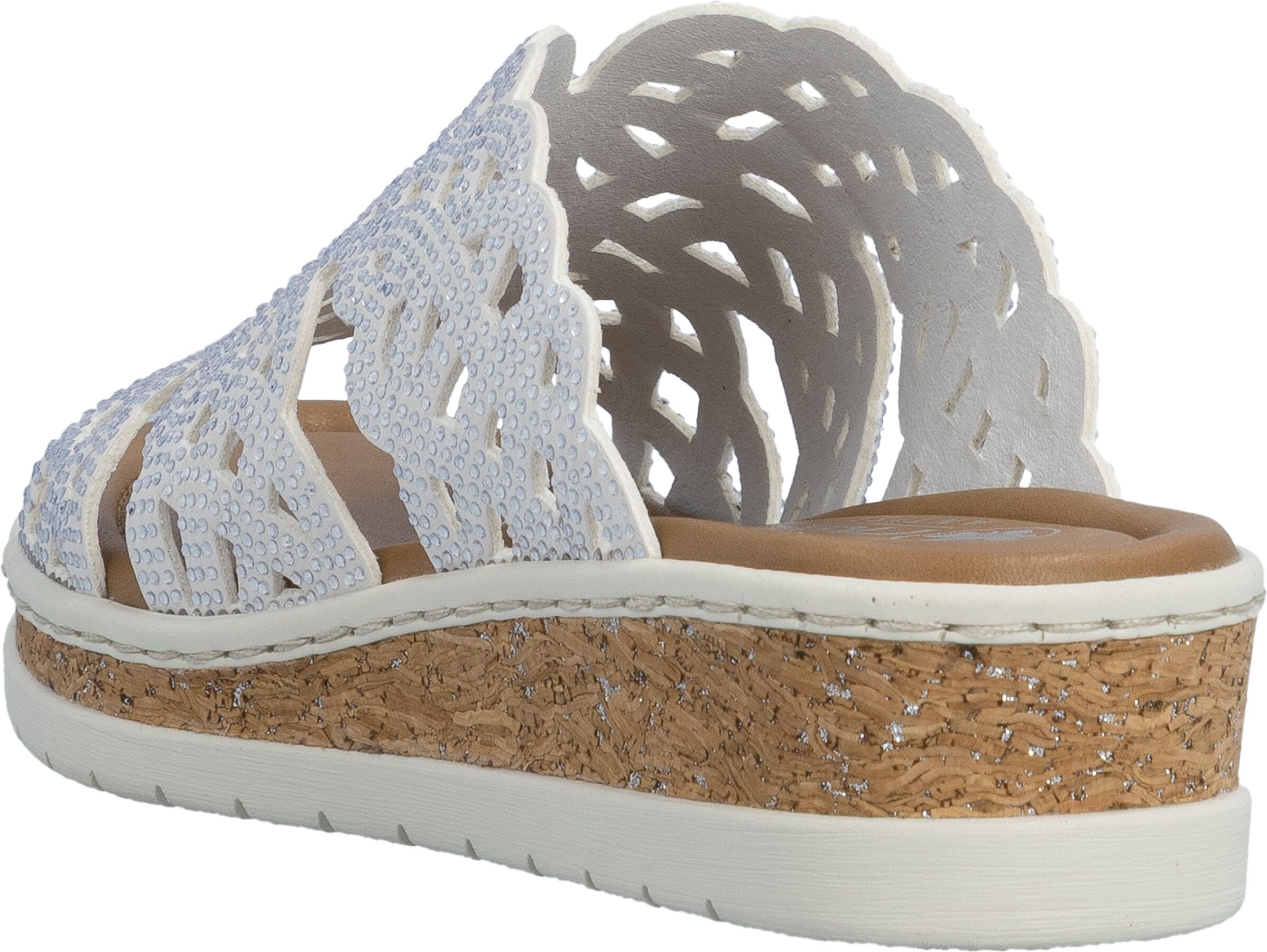 Pantolette RIEKER, Damen, Gr. 43, Synthetik, weiß, Lederimitat, unifarben, Schuhe Pantolette, Sommerschuh, Hausschuh, Keilabsatz, mit Glitzersteine