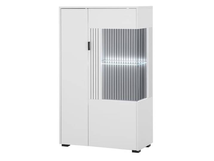Lomadox Highboard Vitrine Vitrinenschrank Standvitrine modern LED Beleuchtung weiß matt schwarz gerillt 75x125x38 cm