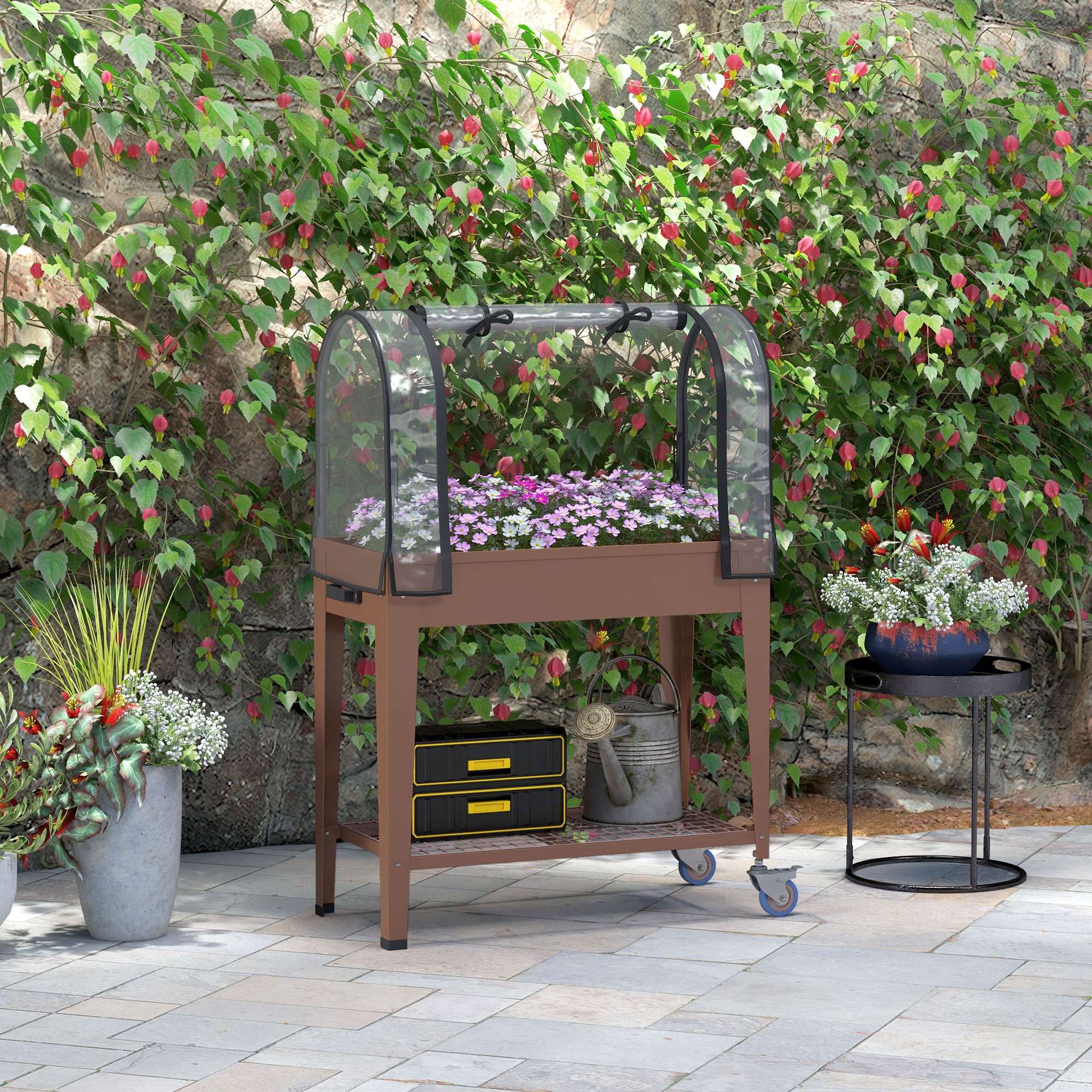 Outsunny Fioriera Rialzata con Mini Serra per Piante, Ruote e Ripiano, 80x40x120cm, Marrone Aosom