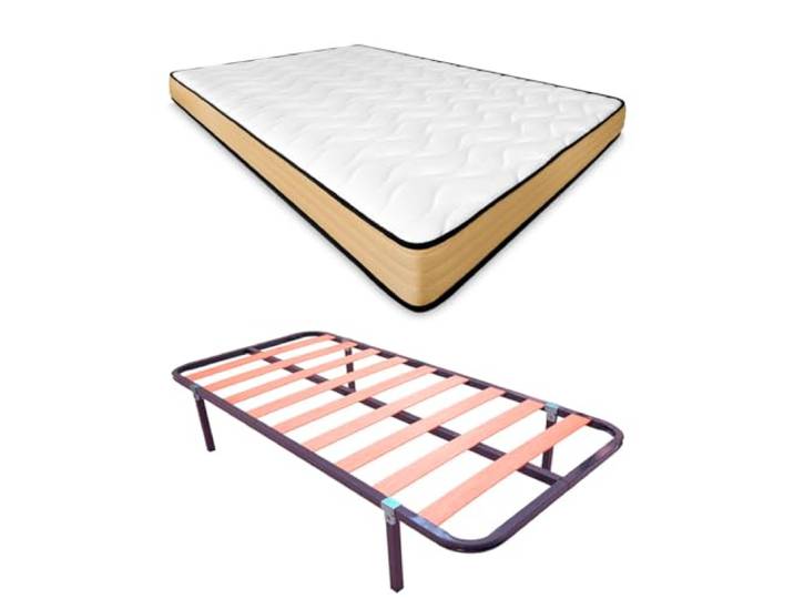 DUÉRMETE ONLINE Komplettes Bett mit Visko-Matratze, wendbar (Winter/Sommer) + Lattenrost mit Beinen, Stahl-Legierung, Grau, 105 x 190 cm